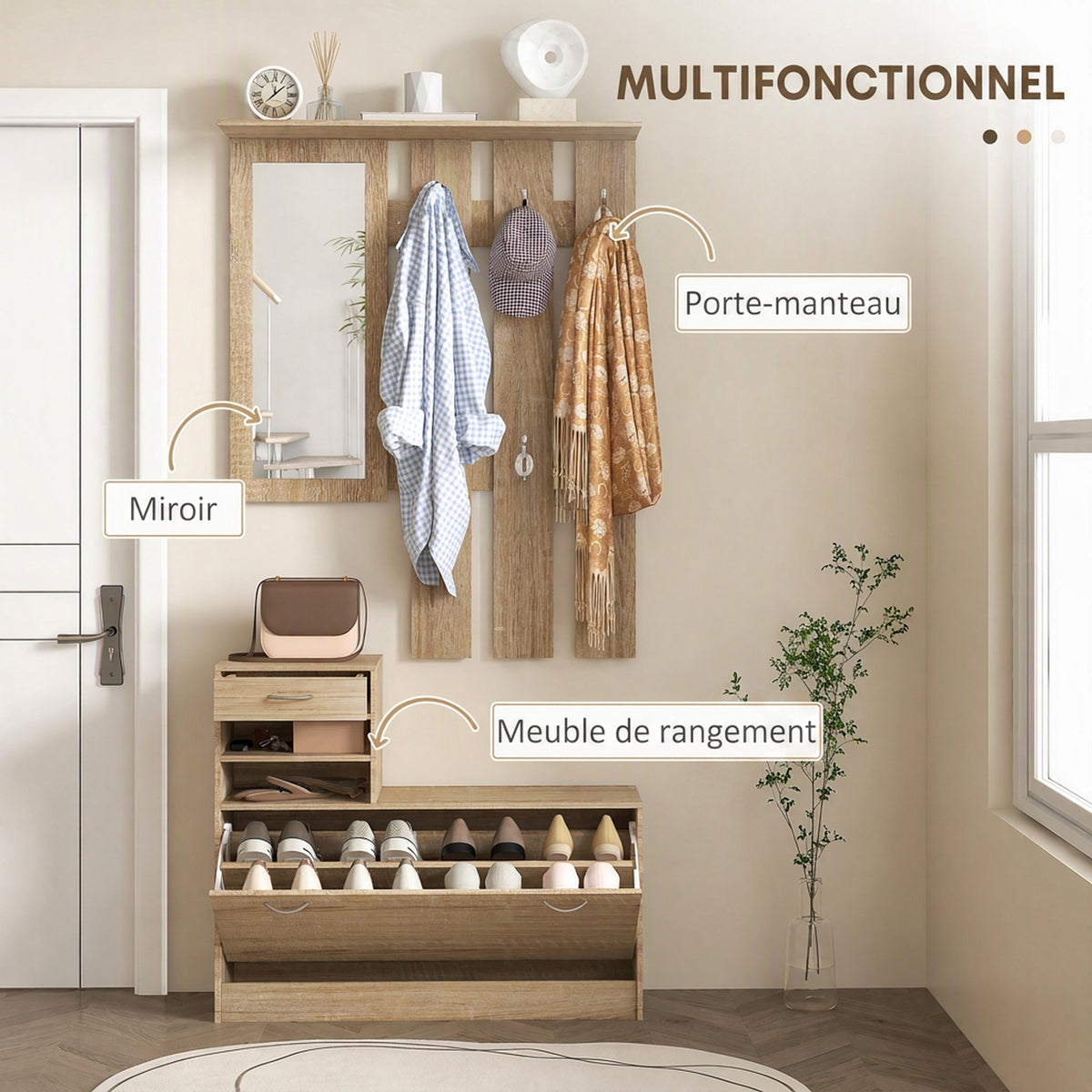 Meuble d'entrée vestiaire panneau porte-manteau, miroir et banc à chaussures - 6 crochets 90x10x91cm effet bois naturel-3