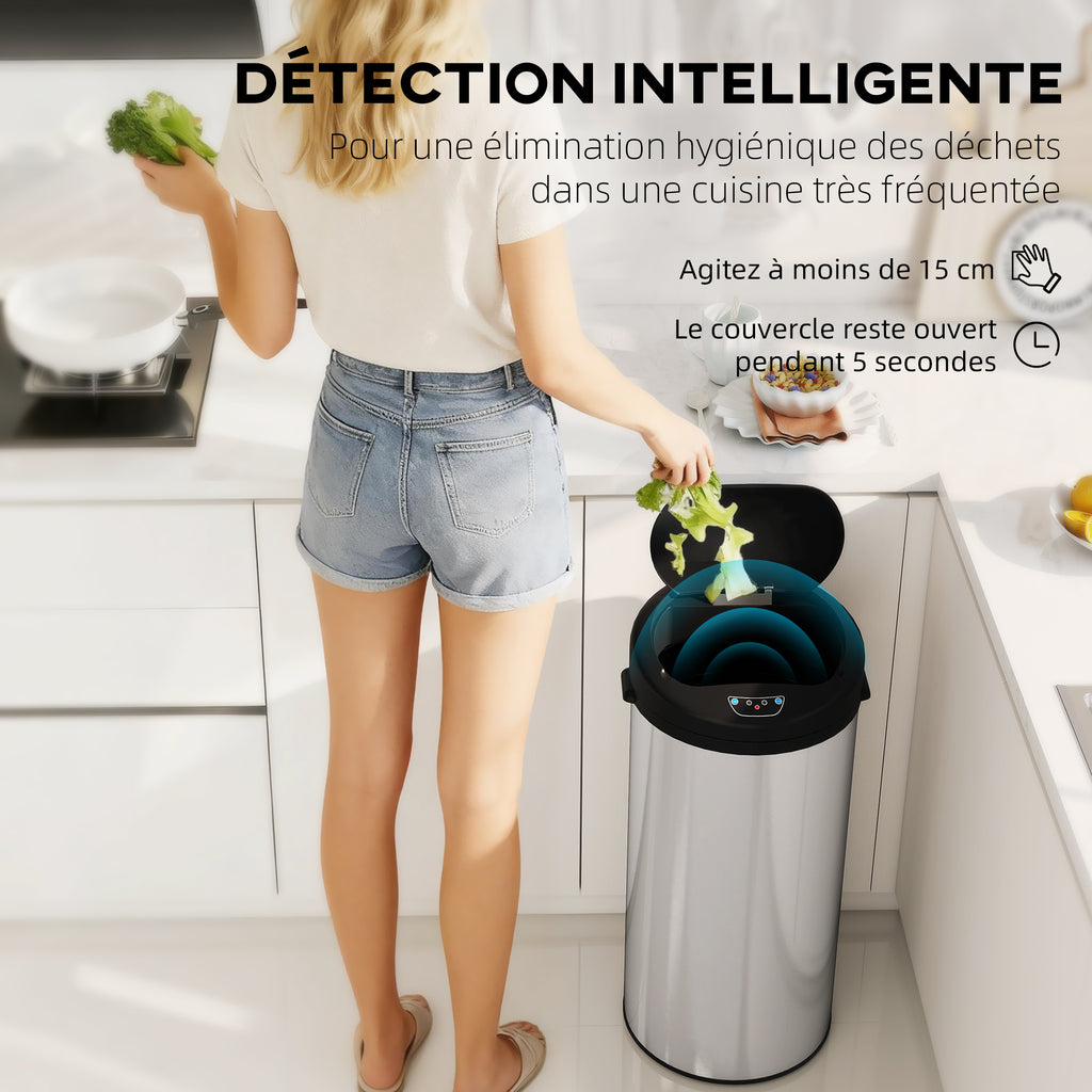 Poubelle de cuisine automatique 30 L en acier inoxydable, couvercle à fermeture en douceur, 32 x 30 x 68 cm, argent-3
