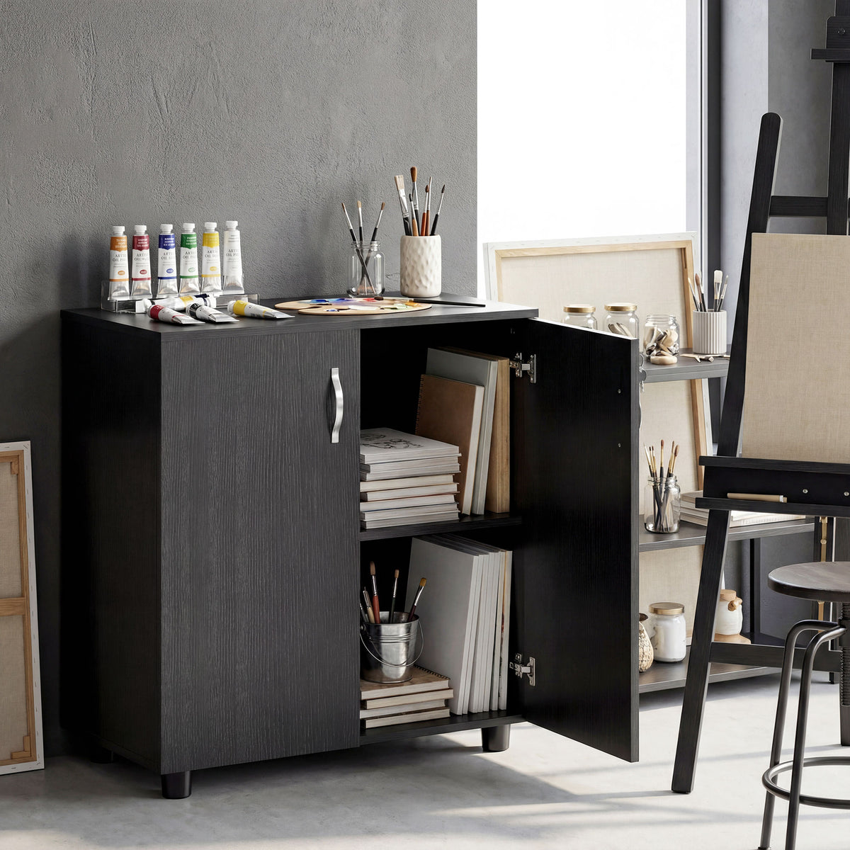 Armoire de Bureau à 2 Niveaux, Meuble de Rangement Bureau avec 2 Portes, Serrures et Clés, 80x40x80cm, Noir-8