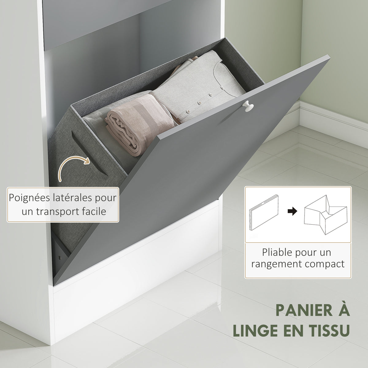 Meuble de salle de bain avec panier à linge et miroir étagère réglable 62 x 28,3 x 181 cm gris et blanc-4