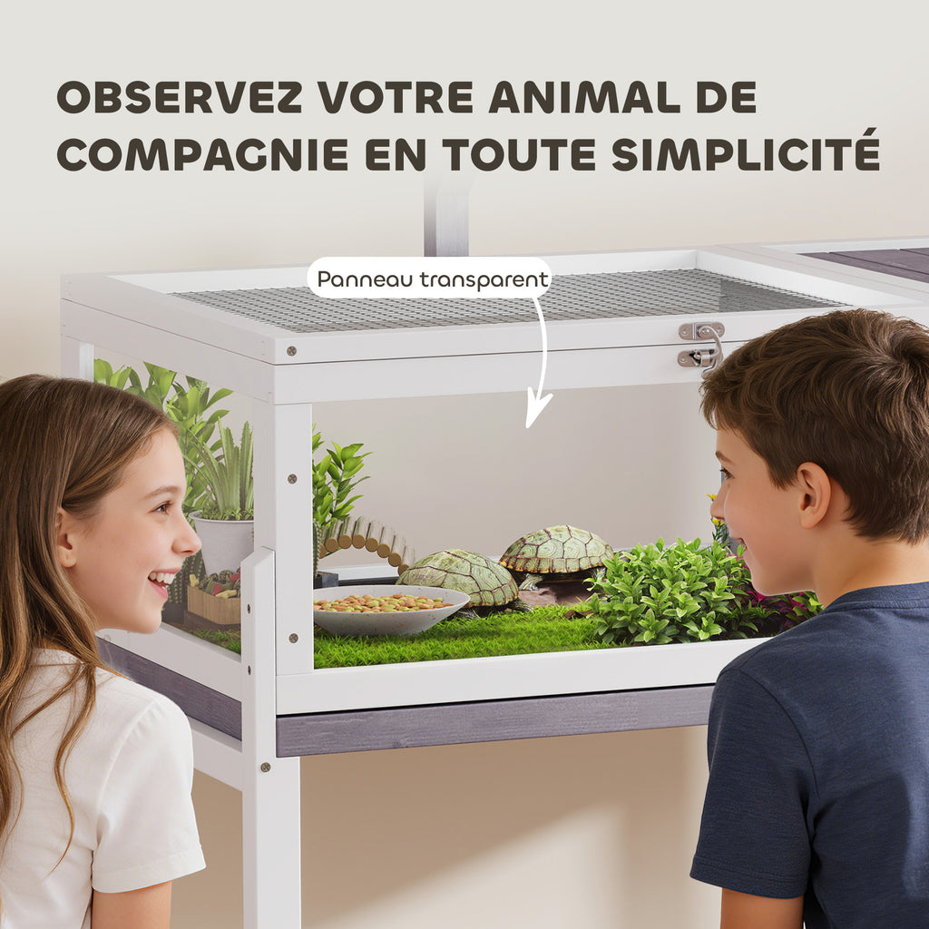 Maison pour tortues enclos tortue en bois 2 espaces support de lampe toit ouvrable plateau coulissant 104x53x82cm gris-5