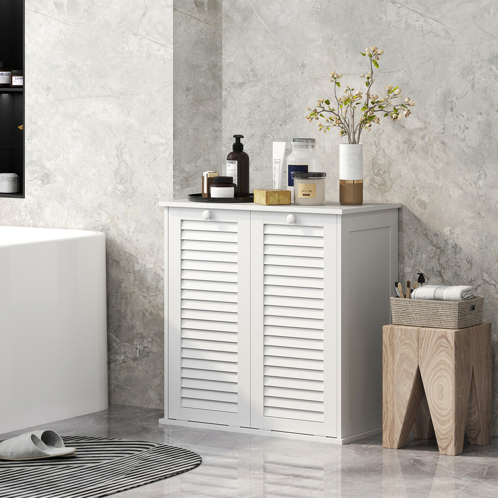 Meuble salle de bain avec panier à linge armoire salle de bain en bois portes persiennes 2 paniers 70 x 38 x 73 cm blanc-6