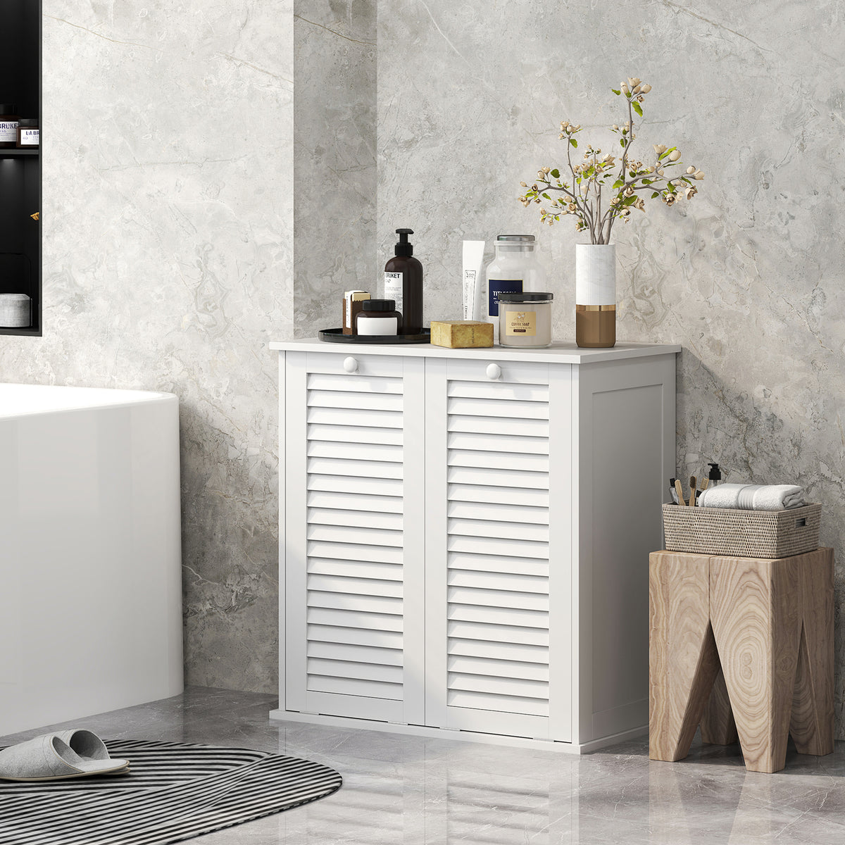 Meuble salle de bain avec panier à linge armoire salle de bain en bois portes persiennes 2 paniers 70 x 38 x 73 cm blanc-6