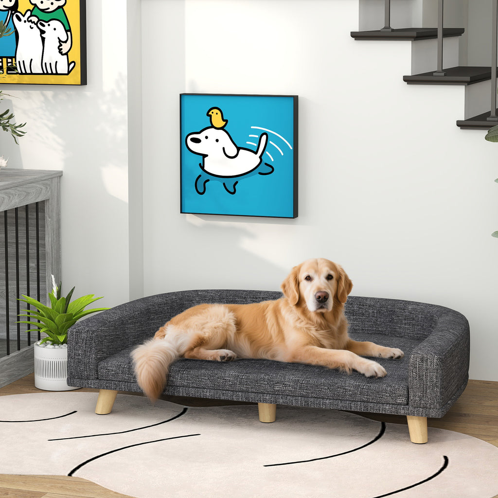 Canapé Chien Grand Lit surélevé pour Chien Coussin Lavable Cadre en Bois Tissu Polyester 98 x 67 x 25 cm Gris Foncé-1