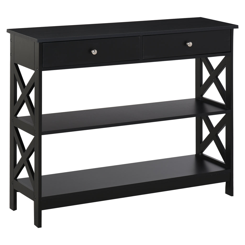Table de console table d'entrée style table de drapier néo-rétro 2 tiroirs 2 étagères dim. 100L x 30,5l x 80H cm en bois noir-0