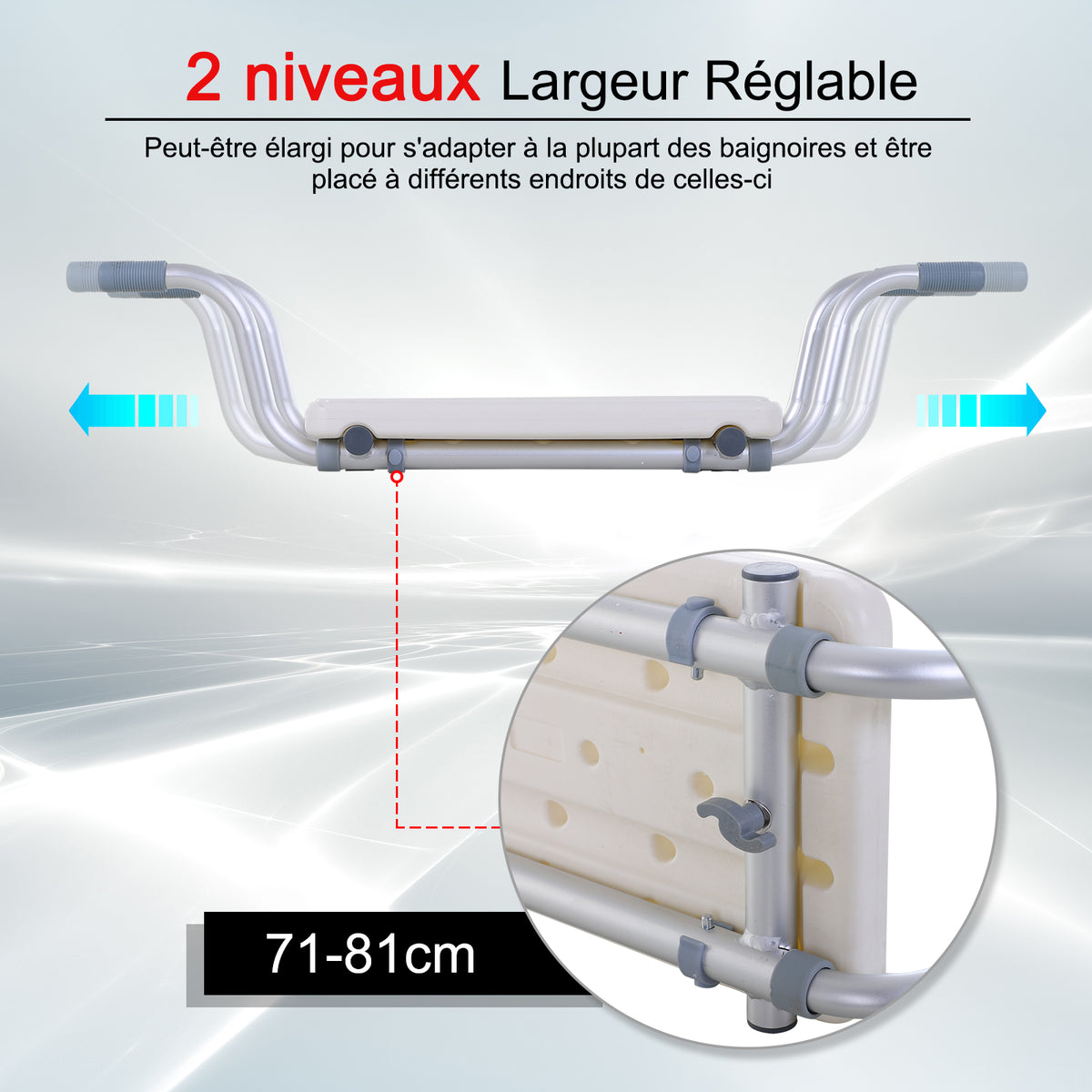 Siège de Baignoire - siège de Bain Suspendu réglable - Tabouret de Salle de Bain - dim. 73-83L x 22l x 18H cm - alu. HDPE Blanc-3