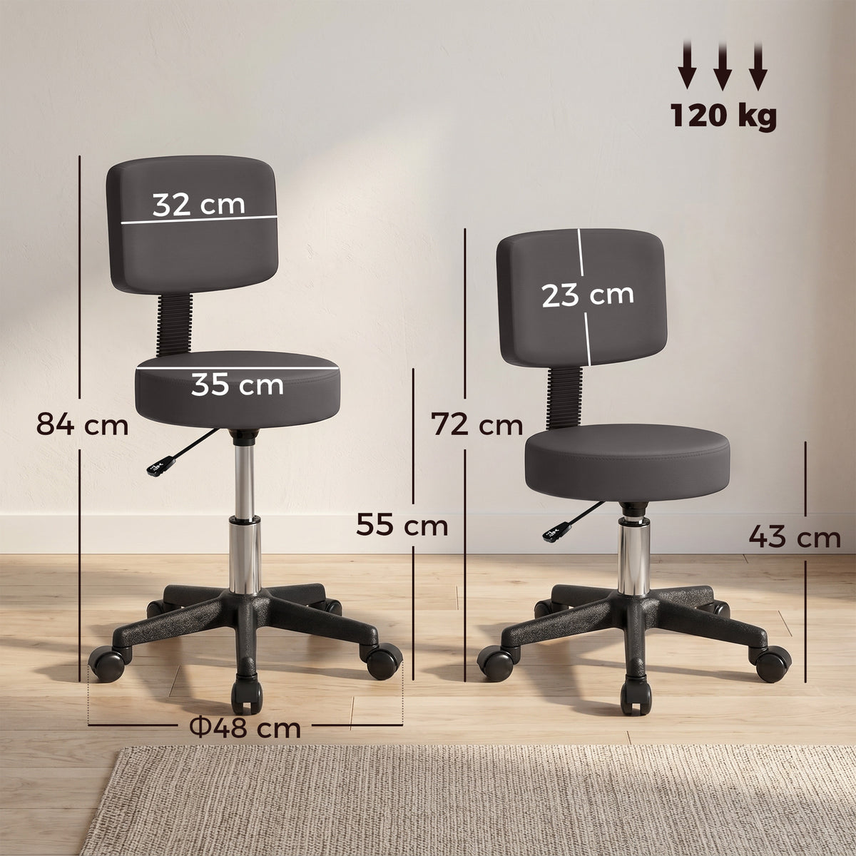 Tabouret massage a roulettes reglable en hauteur pivotant avec dossier ergonomique gris-2