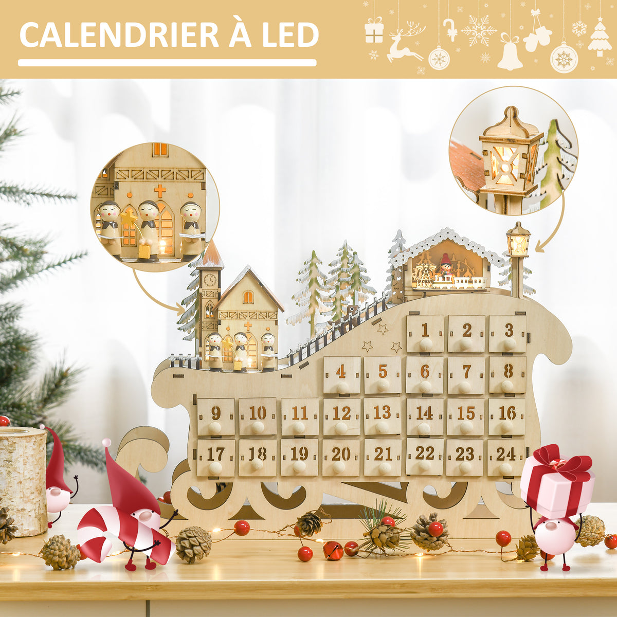 Calendrier avent bois Lumineux Frome traineau - 10 lumières Blanc Chaud - 24 tiroirs - décoration Lumineuse Noël-3