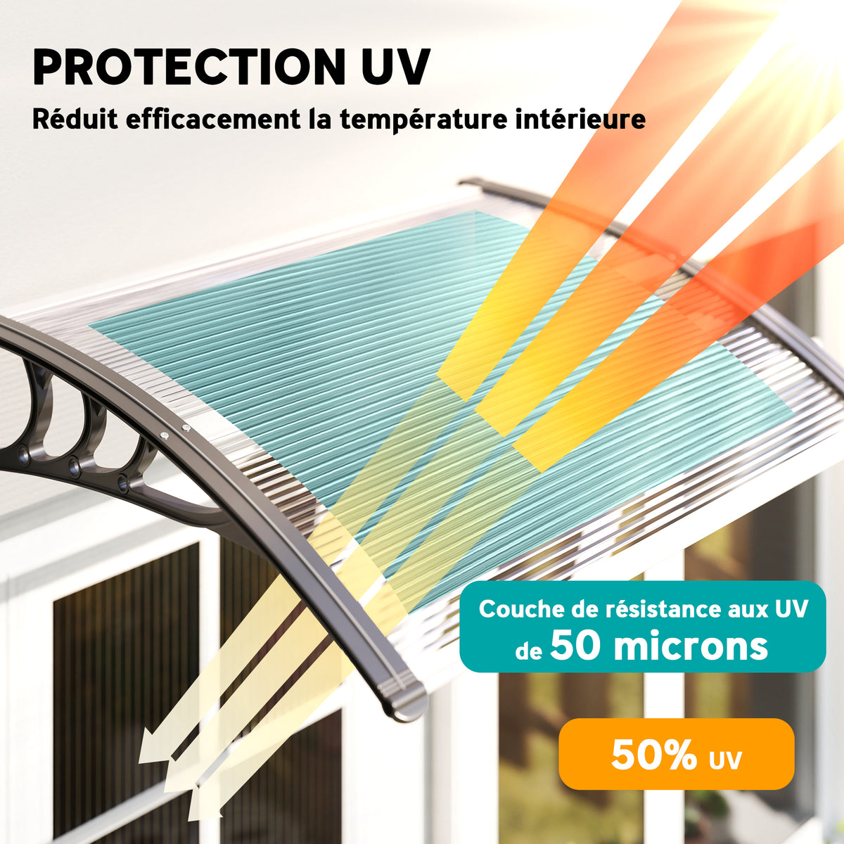 Auvent de porte d'entrée, toit marquise de porte exterieur en polycarbonate et profil aluminium résistante toit abri protection contre la pluie et UV pour terrasse, balcon, 100x75cm, transp.-3