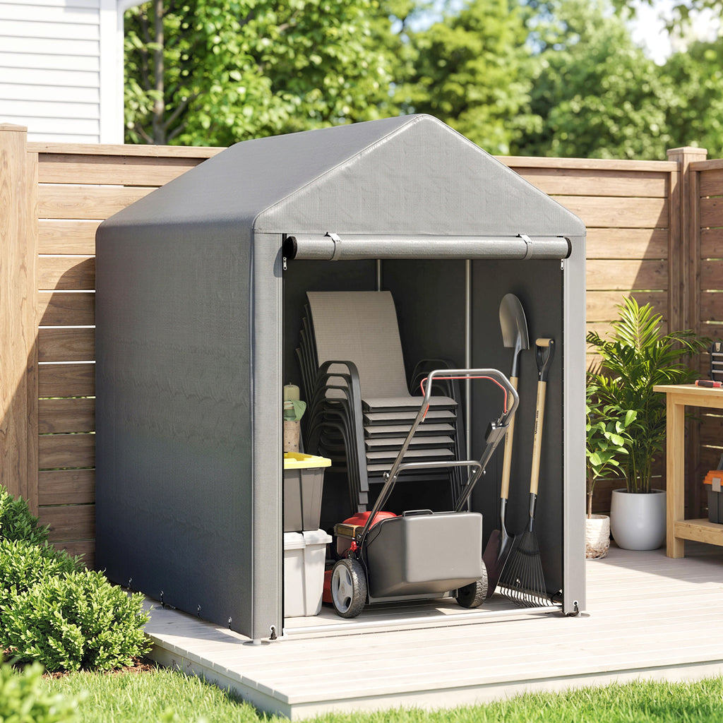 Abri de Jardin Imperméable avec 2 Compartiments, Porte Enroulable à Fermeture Éclair, 120x179x165cm, Gris Clair-6