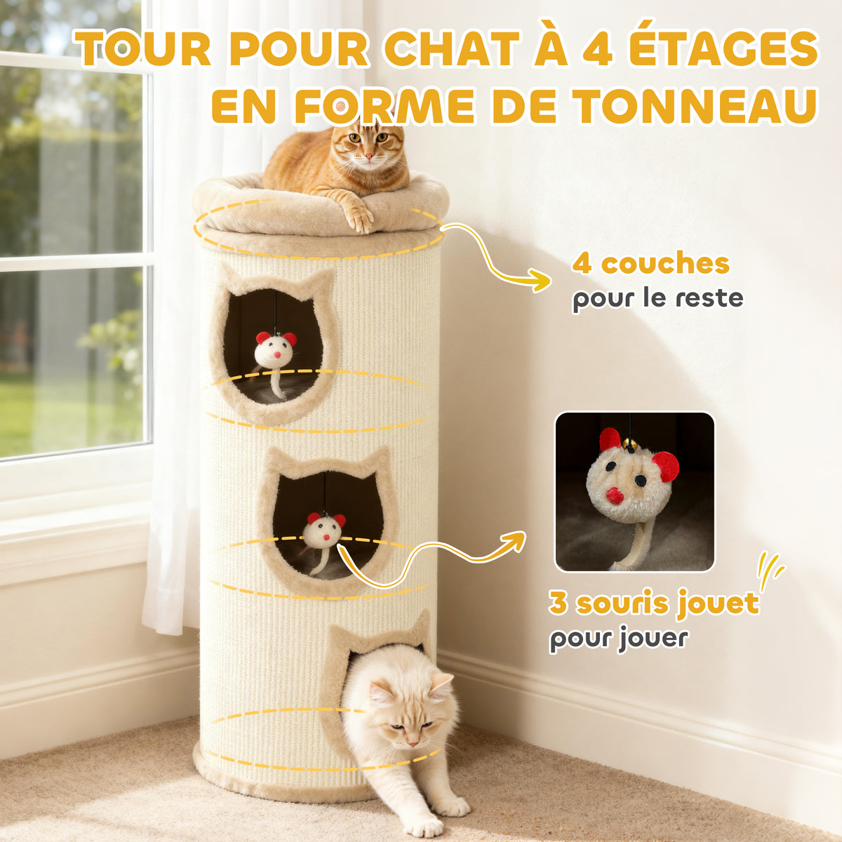 Tonneau à gratter, tour à griffer en sisal et bord en peluche, 3 niveaux avec plate-forme, stable, Ø 38 x 96 cm crème-3