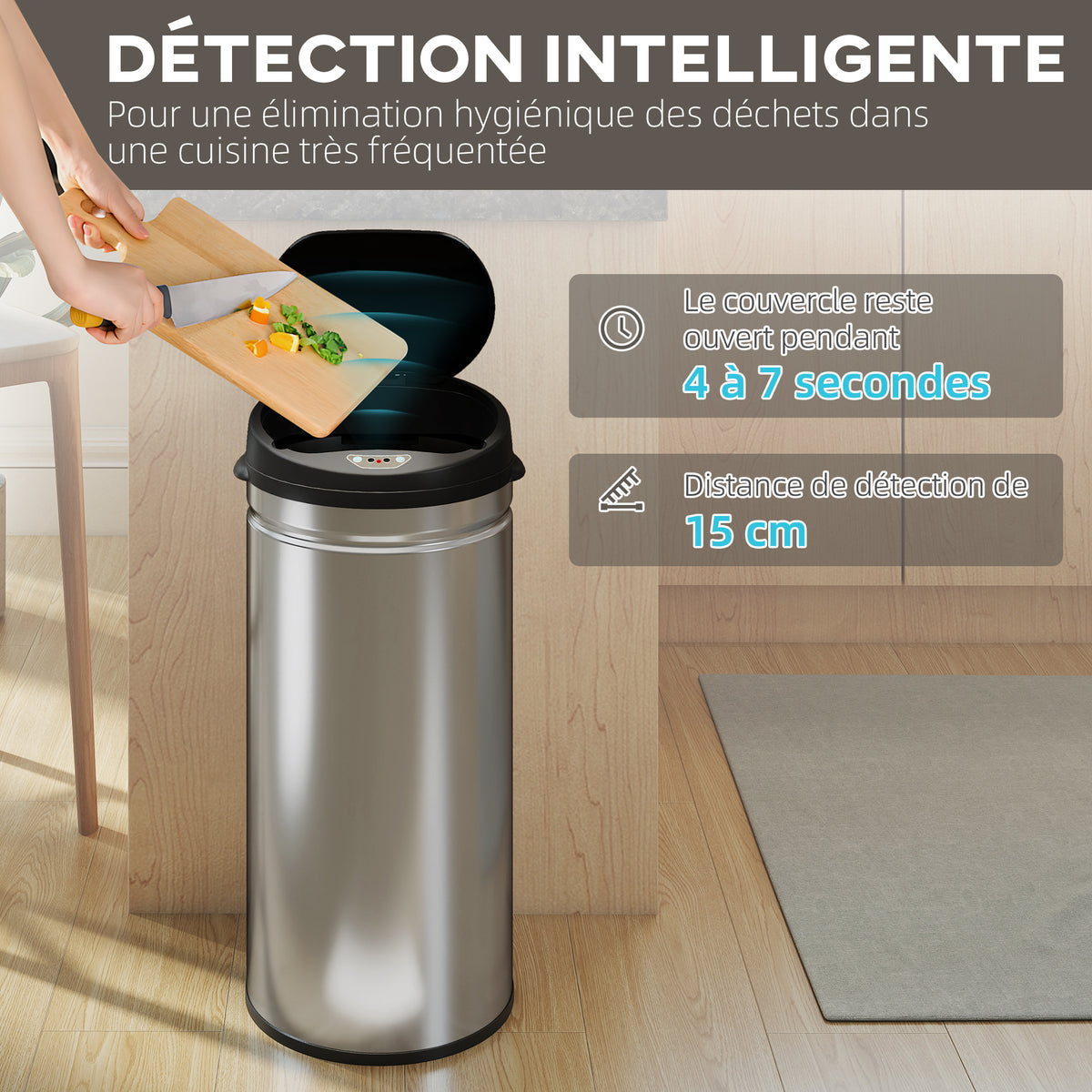 Poubelle cuisine automatique 42L acier inoxydable, poubelle à couvercle à fermeture en douceur, 30,5x30,5x68cm, argent-3