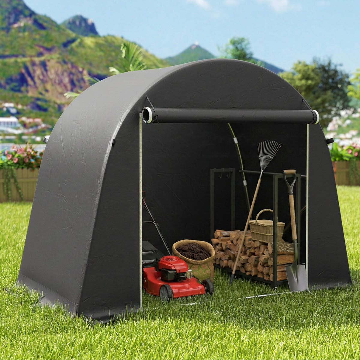 Abri de jardin tente de stockage étanche abri moto porte enroulable fermeture éclair, 245 x 120 x 200 cm, gris foncé-6