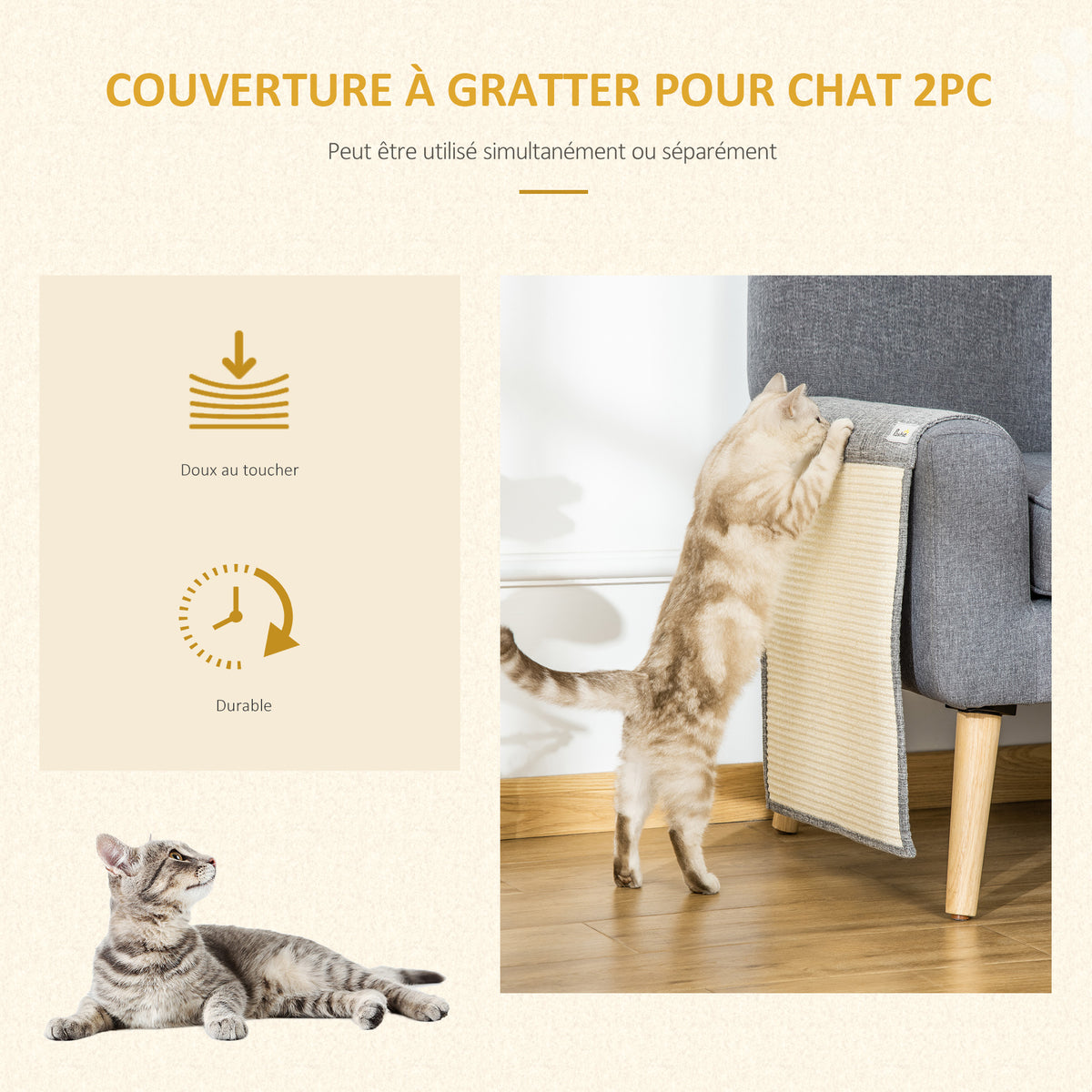 Tapis griffoir Chat Tapis à gratter en sisal Protection canapé Meuble Sol Lot de 2 pcs 130 x 45 cm Gris-3
