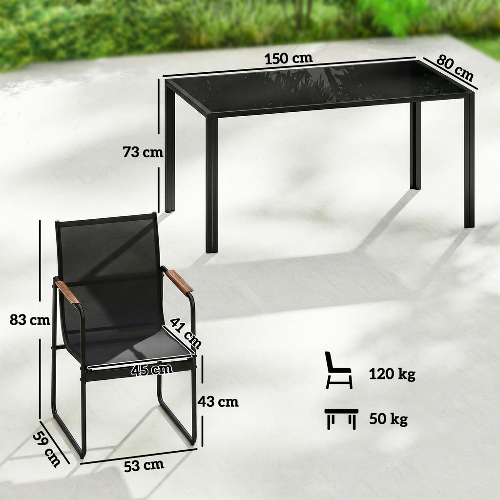 Ensemble de Salle à Manger d'Extérieur 7 Pièces pour 6 Personnes, Table en Verre et Chaises avec Accoudoirs Décoratifs, Maille Résistante aux Intempéries, Noir-2