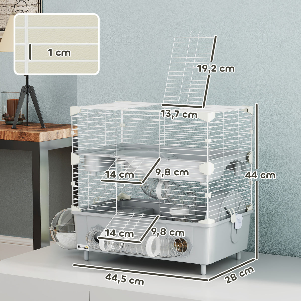 Cage pour hamster  à 2 niveaux avec roue de course salle de bain en sable pour hamster nain 44,5 x 28 x 44 cm gris-2