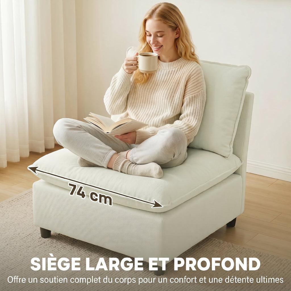 Fauteuil de salon, canapé 1 place moderne sans accoudoirs avec assise large, coussins épais, 146x85x78cm, crème-4