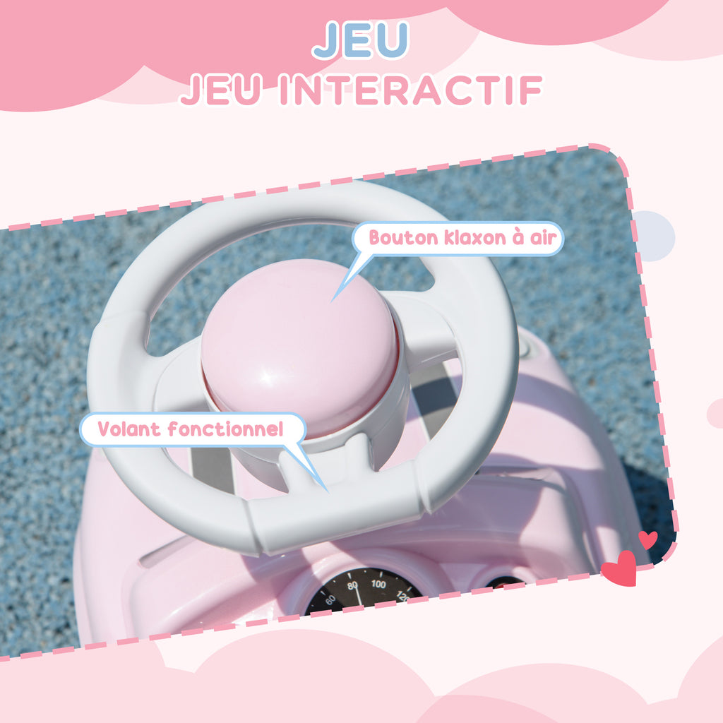 Porteur Enfants Voiture 18-36 Mois Volant klaxon et Butée Anti-bascule Charge 25 kg 53x25x35 cm Rose-4