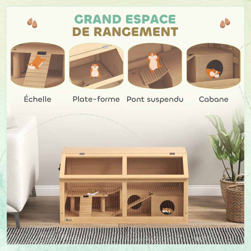 Cage hamster en bois habitat grand pour rongeur ventilation couvercle ouvrant et accessoires 85x45x44cm bois naturel-3