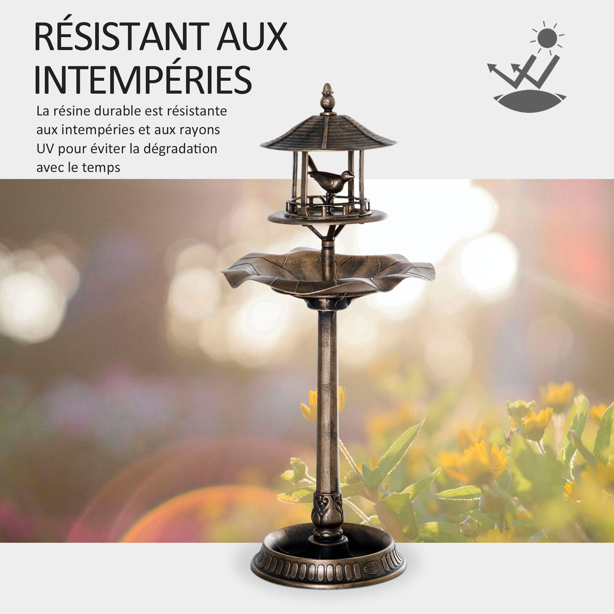 Bain d'oiseaux Abreuvoir pour Oiseaux jardinière 3 en 1 dim. Ø 50 x 113H cm polypropylène bronze antique-3