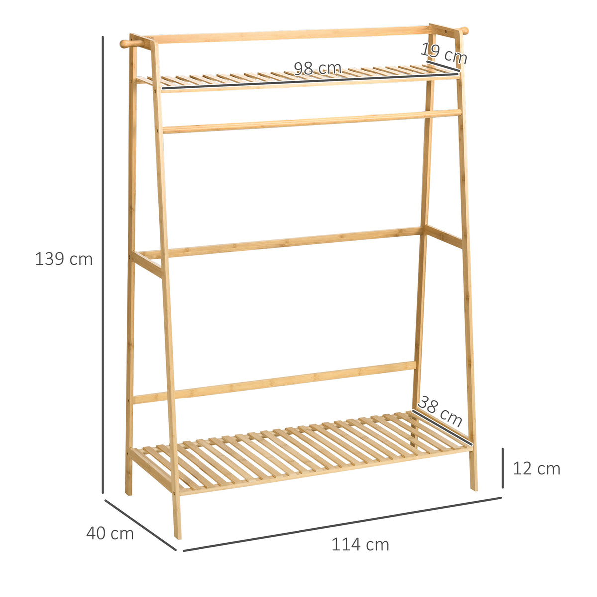 Portant à vêtements penderie porte-manteau avec 2 étagères 2 crochets et 1 barre de suspension en bambou-2