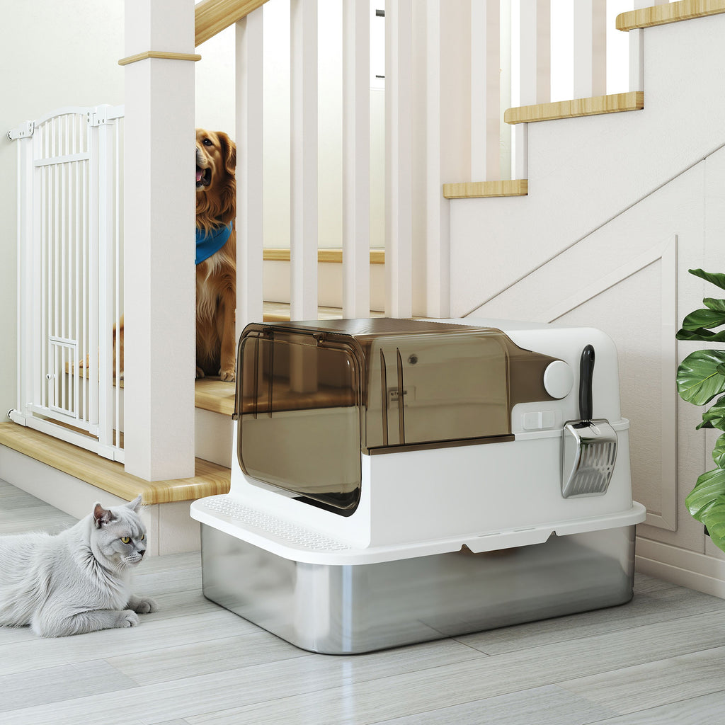 Bac à litière pour chat fermé en acier inoxydable, maison de toilette pour chat avec pelle, 70 x 50 x 46,5 cm, blanc-7