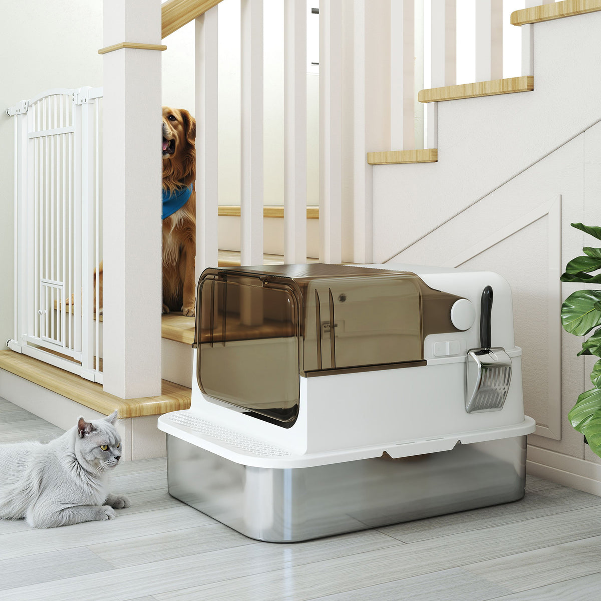 Bac à litière pour chat fermé en acier inoxydable, maison de toilette pour chat avec pelle, 70 x 50 x 46,5 cm, blanc-7