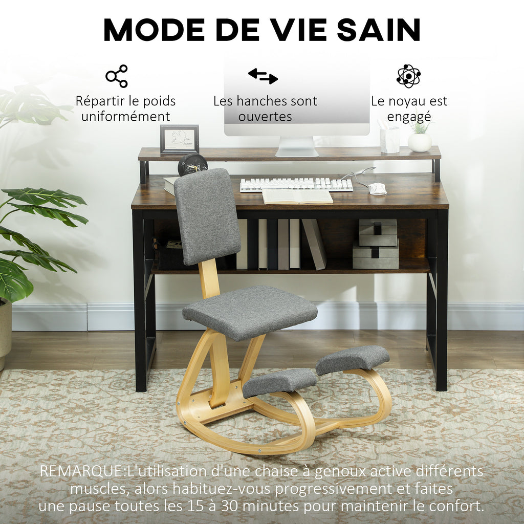 Siège assis genoux, siège ergonomique en bois à bascule avec dossier, chaise à genoux pour bureau à domicile, gris-5