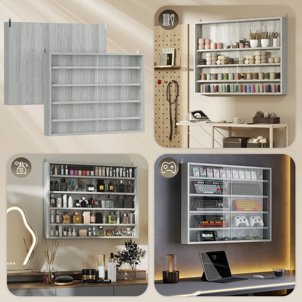 Vitrine murale pour objets de collection 4 étagère réglables en hauteur et 2 portes coulissantes 80 x 9,5 x 60 cm gris-6