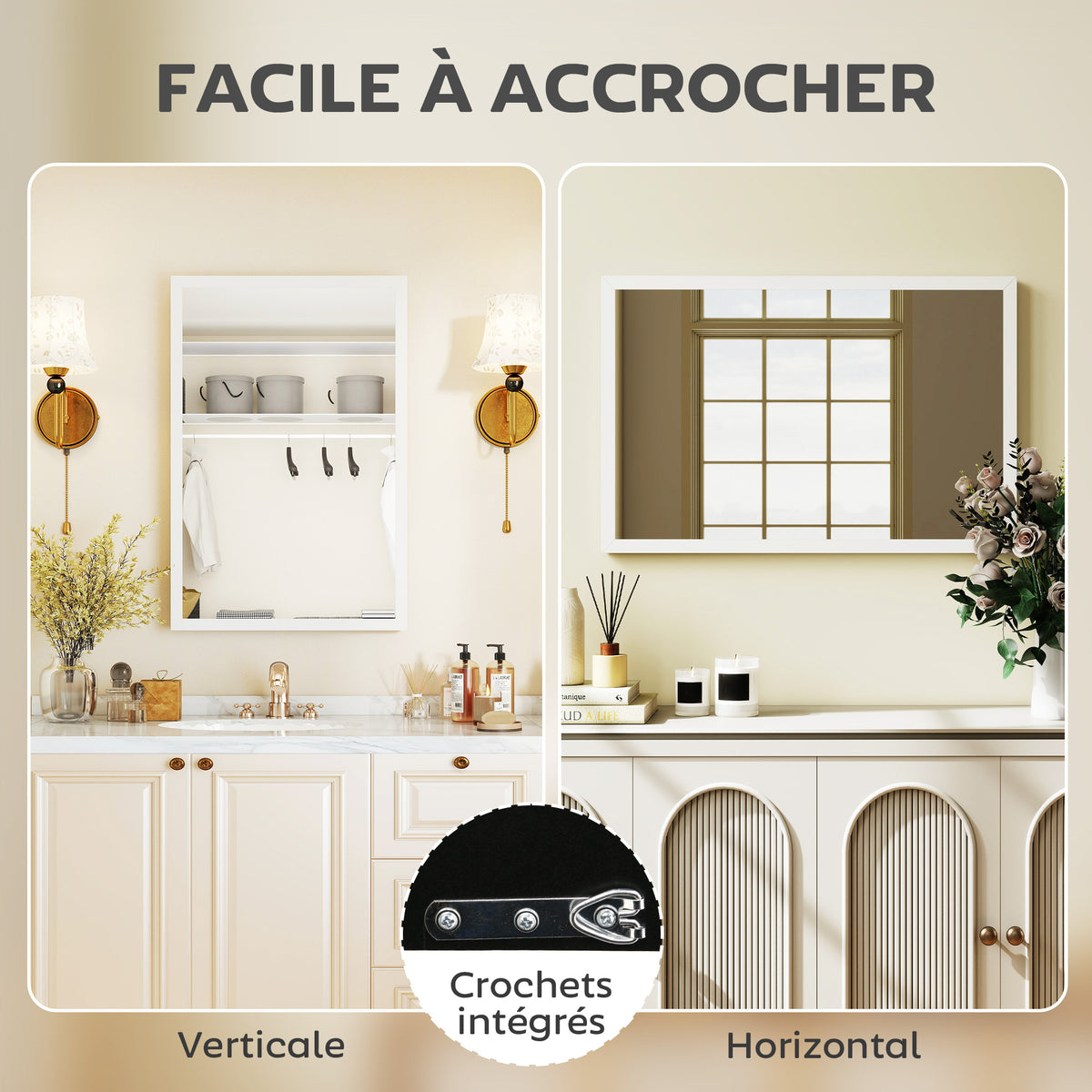 Miroir mural rectangulaire 60 x 40 cm, cadre en bois blanc, idéal pour la salle de bain, salon ou chambre-4