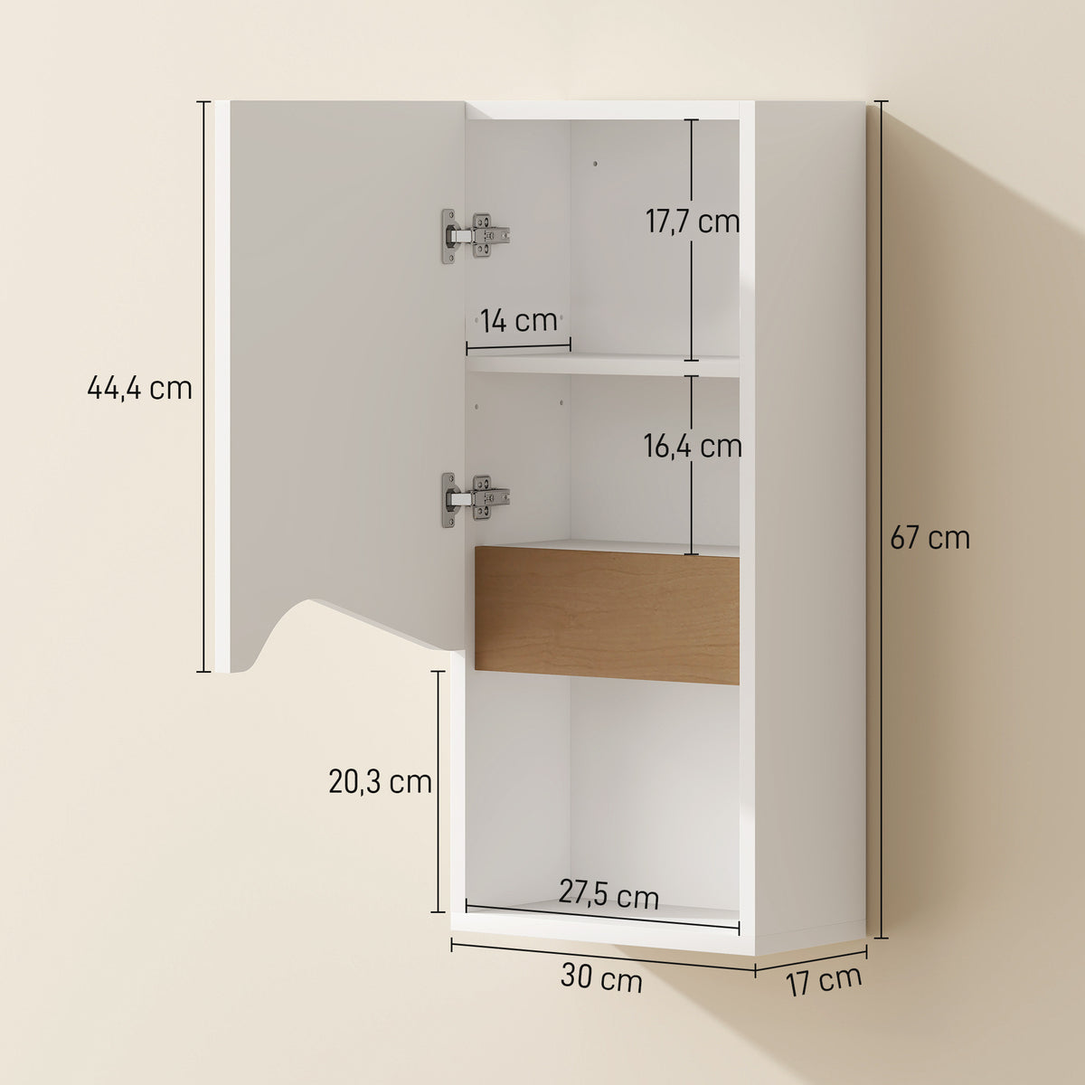 Armoire murale de salle de bain avec porte à fermeture douce, étagère réglable et compartiment ouvert, 30x17x67cm, blanc-2