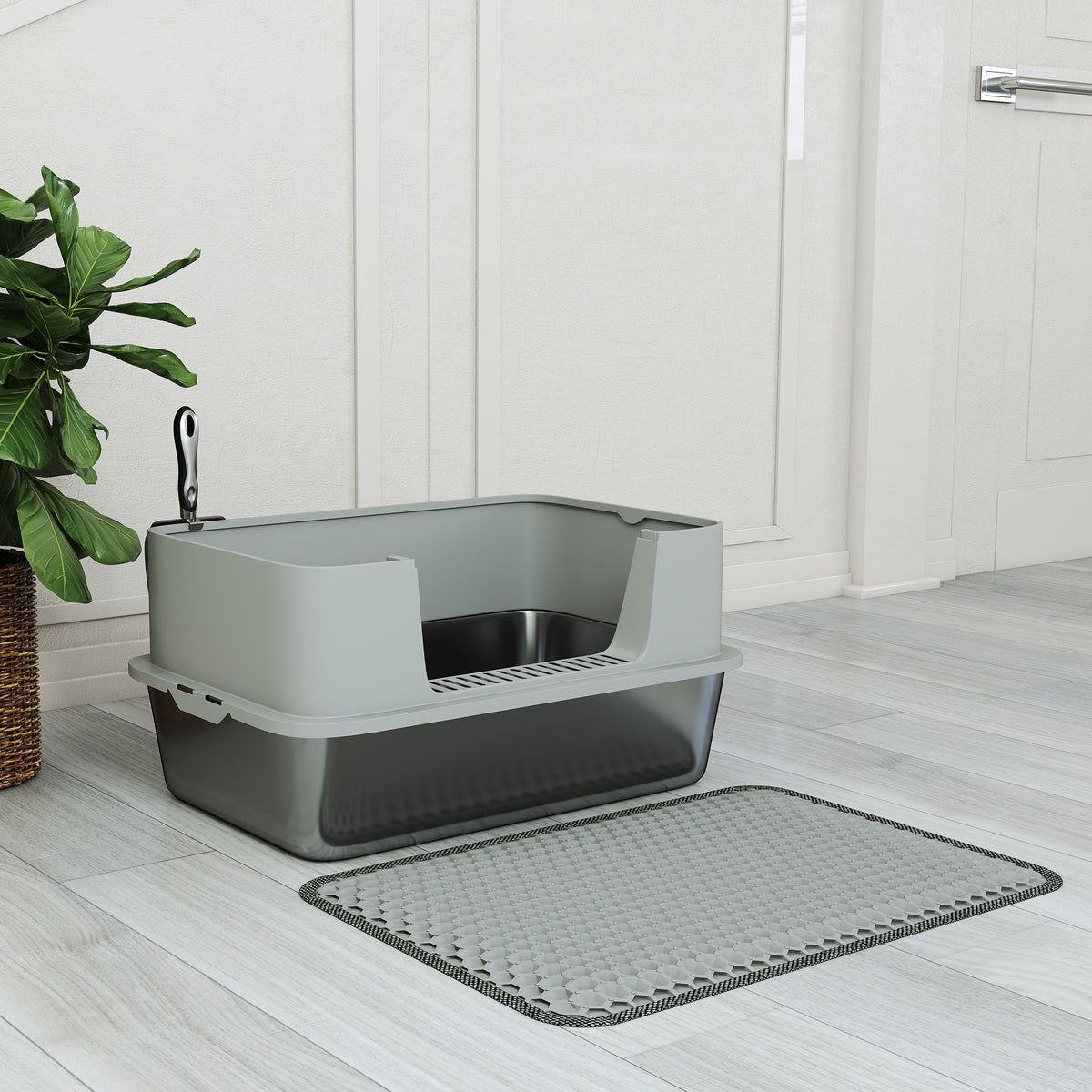 Bac à litière XL en acier inoxydable, maison de toilette pour grand chat, nettoyage facile 60,2 x 40,2 x 29,5 cm, gris-8