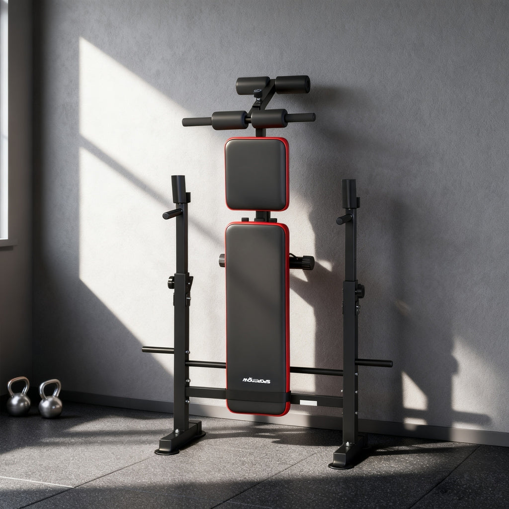 Banc de musculation complet multifonction avec dossier réglable, repose-jambes et support de poids 147x109x122cm noir-9