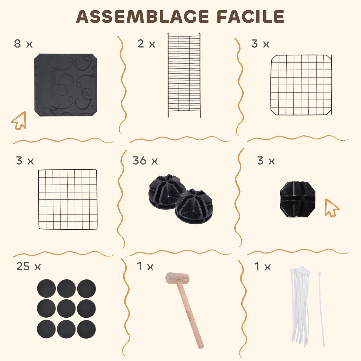 Enclos pour petits animaux, cage à lapin modulable 3 niveaux, 39 panneaux avec  rampes, en métal, 70 x 70 x 105 cm, noir-4