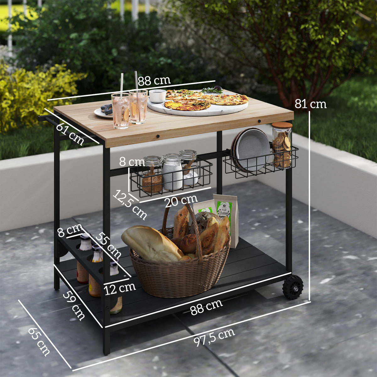 Desserte de jardin chariot pour plancha barbecue en bois et métal avec poignée 2 plateaux 2 paniers et porte-bouteilles-2