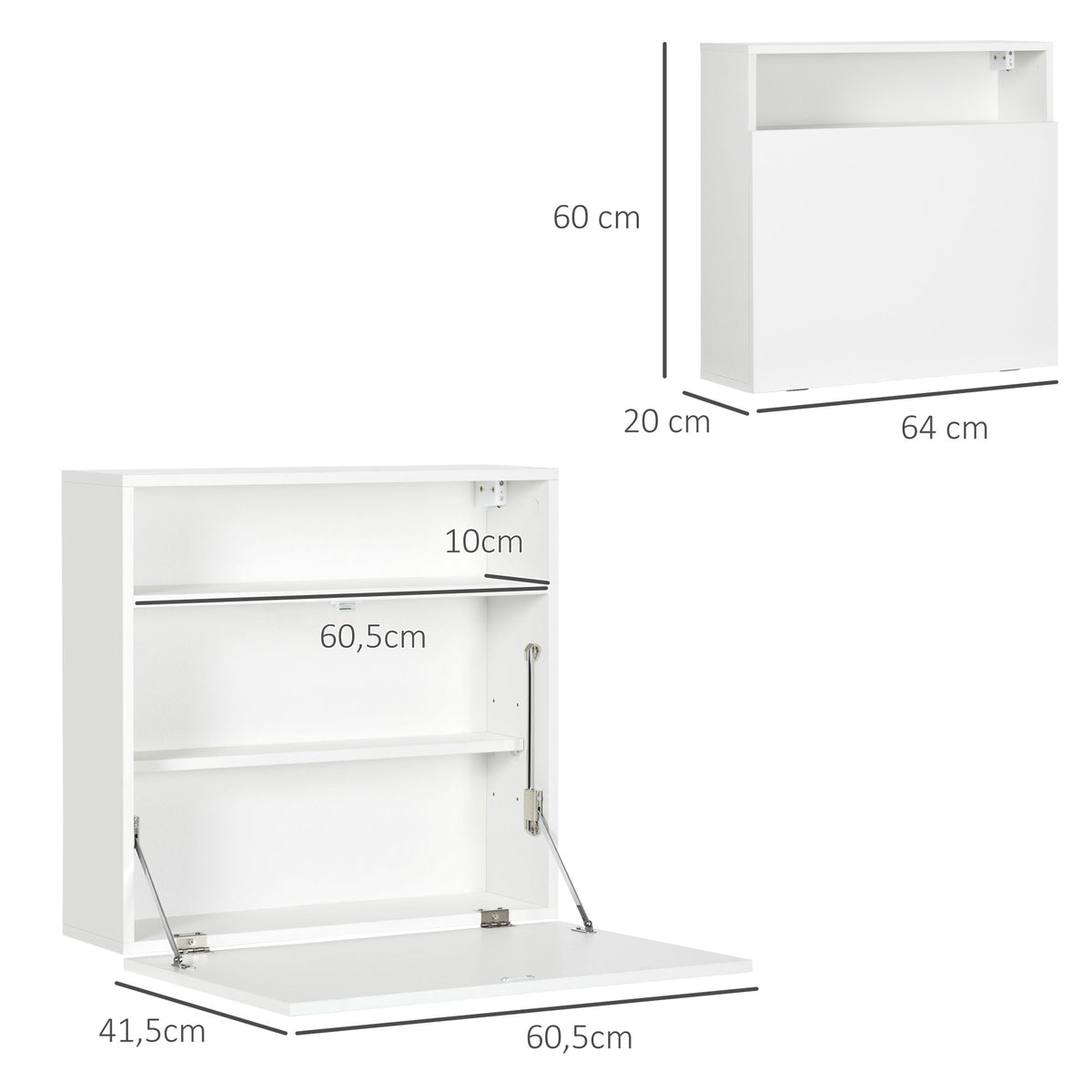 Bureau suspendu bureau mural avec tablette rabattable et 3 compartiments - 64 x 20 x 60 cm - blanc-2