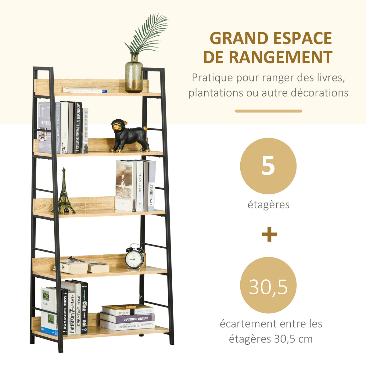 Étagère bibliothèque Style Industriel incliné 5 Niveaux 70L x 35l x 150H cm Coloris chêne Clair Noir-3