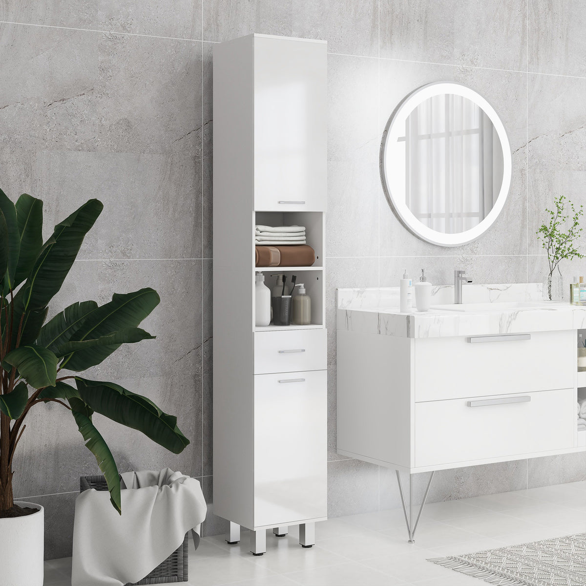 Meuble colonne salle de bain avec étagères réglables et compartiments ouverts, 30x30x180cm, blanc brillant-1