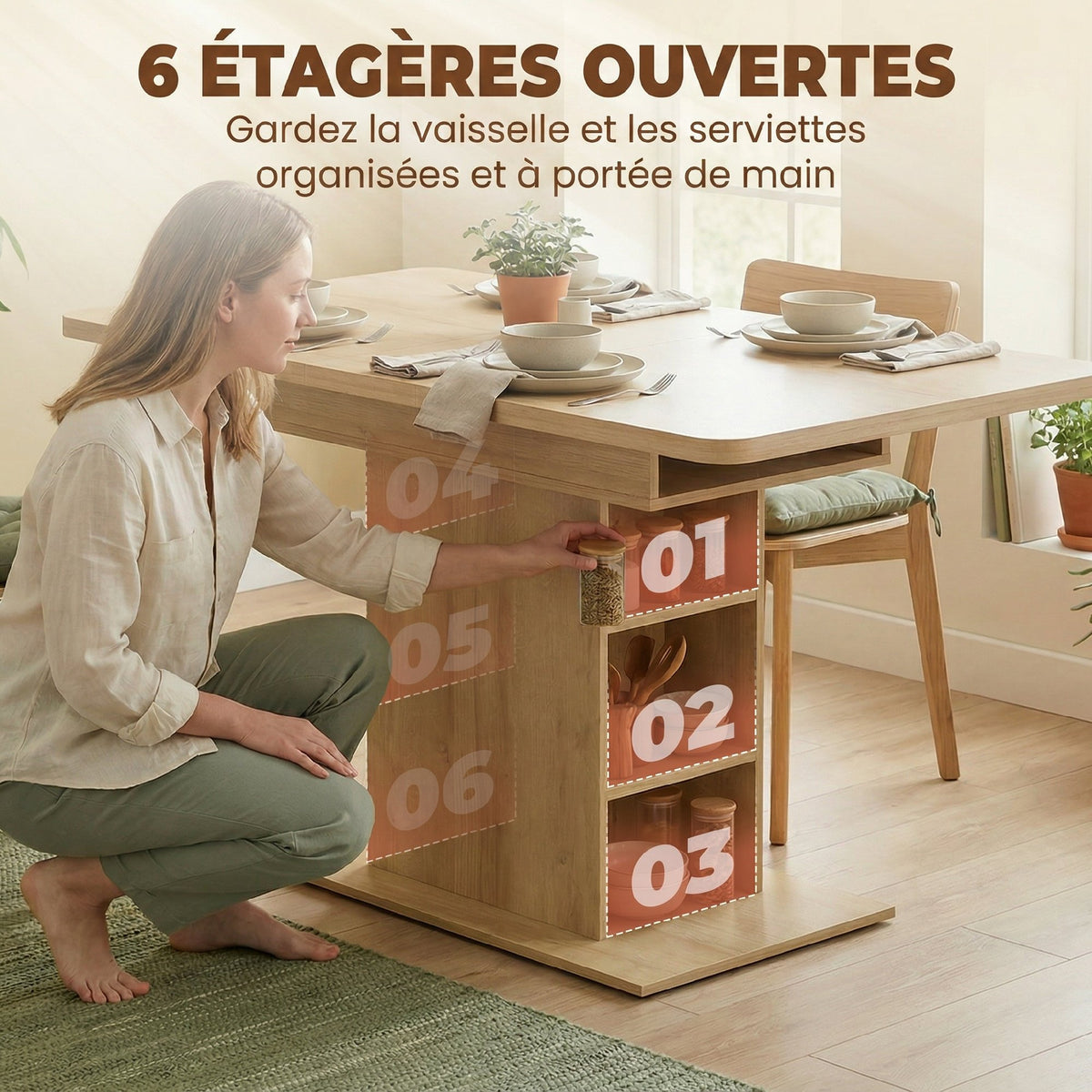 Table à manger extensible rectangle pour 4 à 6 personnes, table de cuisine 110-130 cm, 6 étagères ouvertes, bois naturel-5