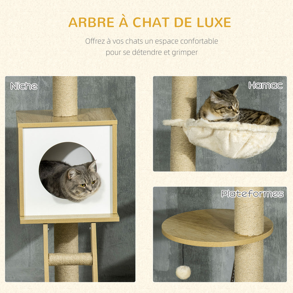 Arbre à chat sol au plafond hauteur réglable 225-285 cm avec poteau à gratter 4 niveaux niche hamac échelle jeux beige-3