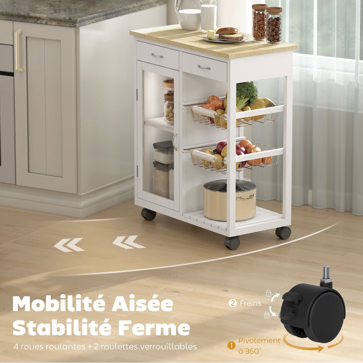 Desserte de cuisine à roulettes, îlot central cuisine avec plateau en bambou, porte vitrée, 67 x 35 x 80 cm, blanc-5