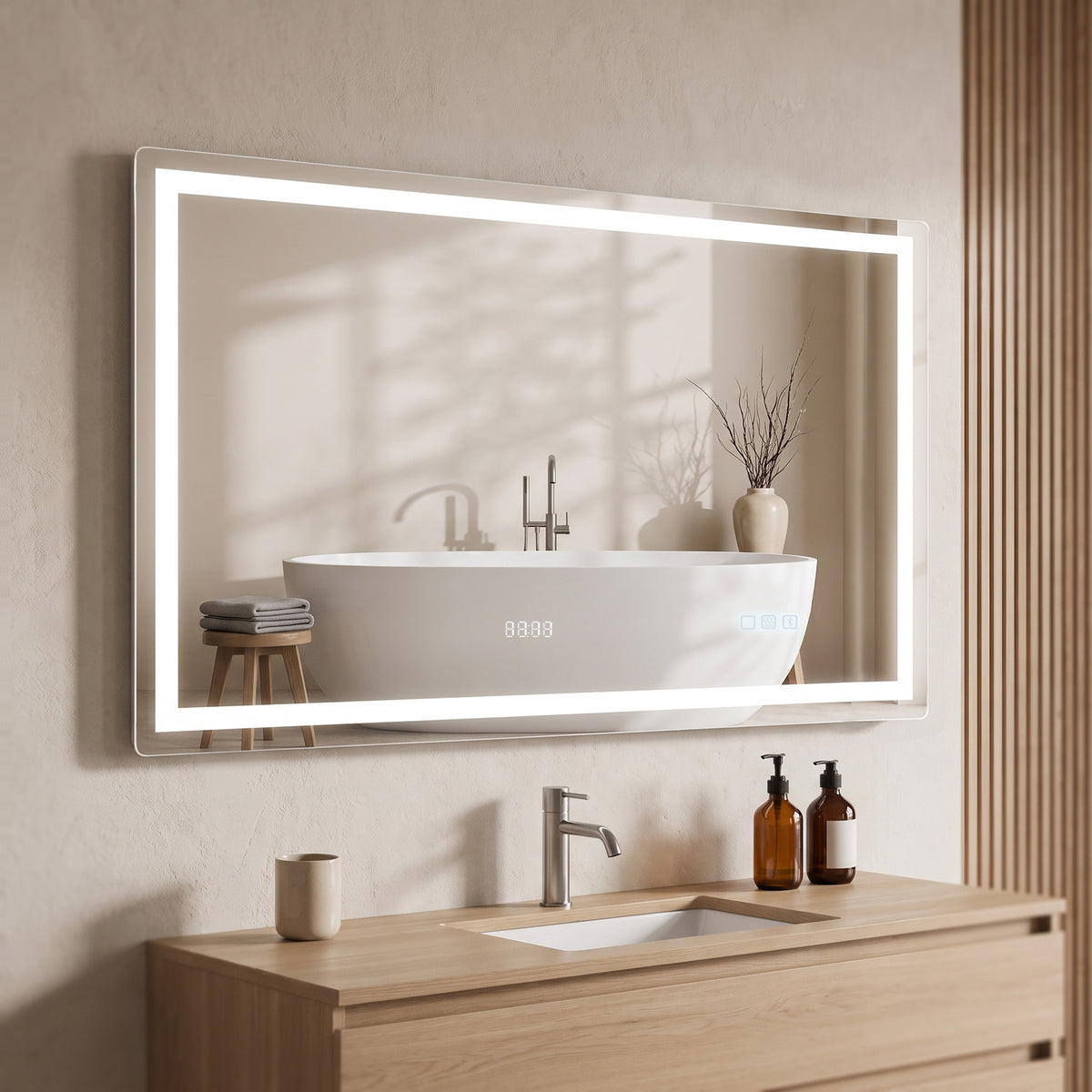 Miroir salle de bain LED bluetooth 140 x 80 cm interrupteur tactile lumière réglable 3 couleurs anti-buée mémoire argent-3