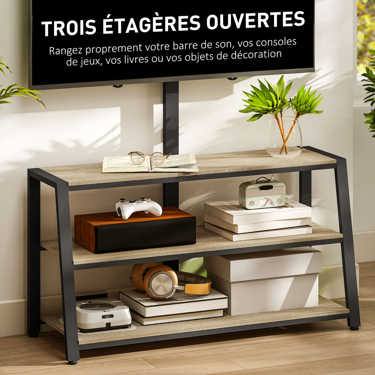 Meuble TV avec support pour téléviseurs de 32-70 pouces, étagères ouvertes, angle ajustable 35°, 108x41x135cm, effet bois naturel-4