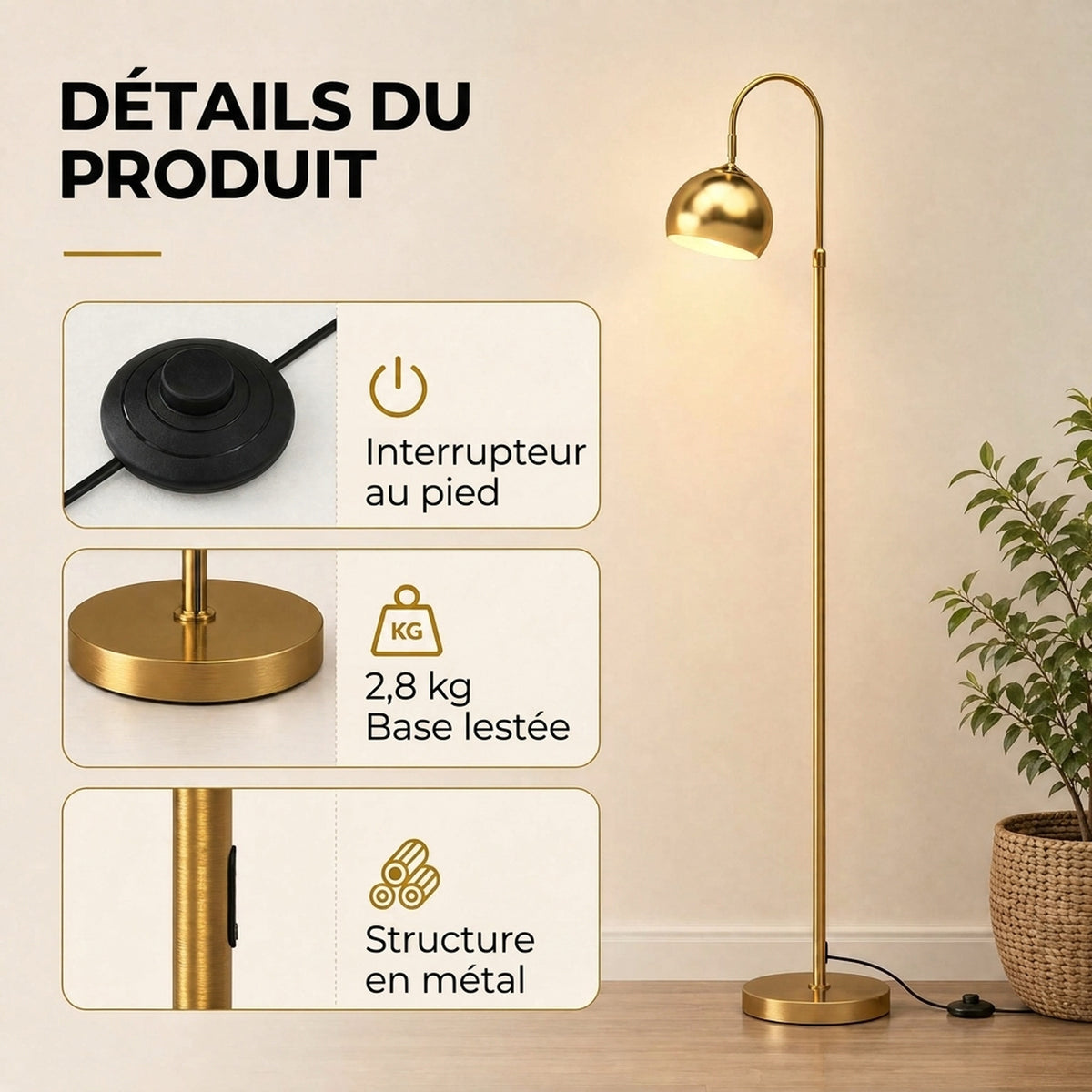 Lampadaire sur Pied Salon, Lampe sur Pied Moderne 40W, Douille E27, Hauteur Réglable, Abat‑jour Orientable, Doré-6