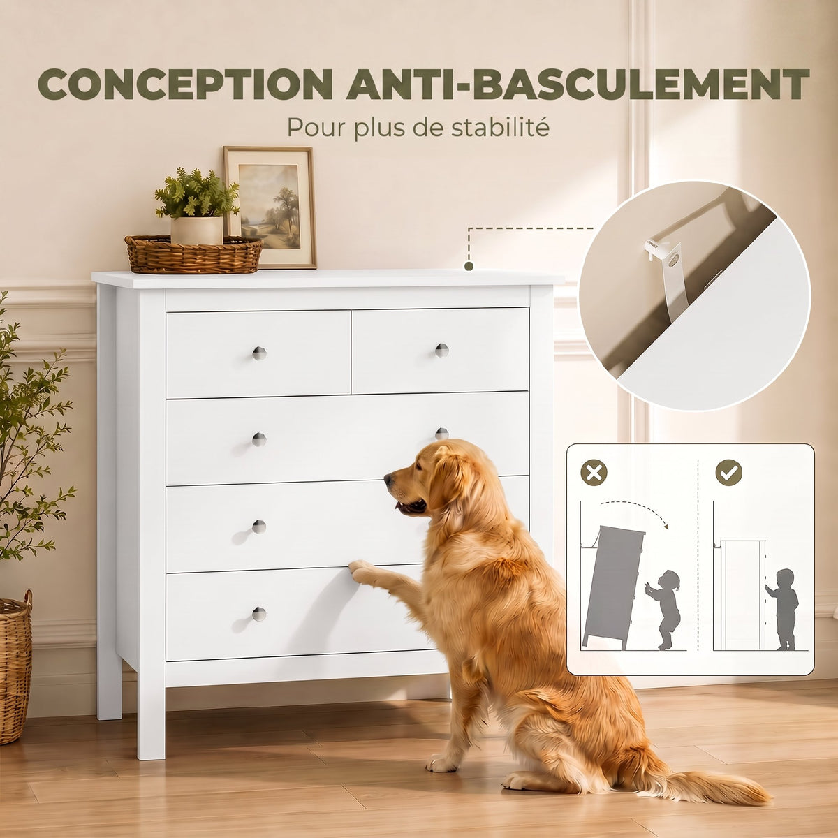 Commode à 5 tiroirs, meuble de rangement, avec poignées, glissières métalliques,  en bois, 79l x 39,5P x 80,5H cm, blanc-4