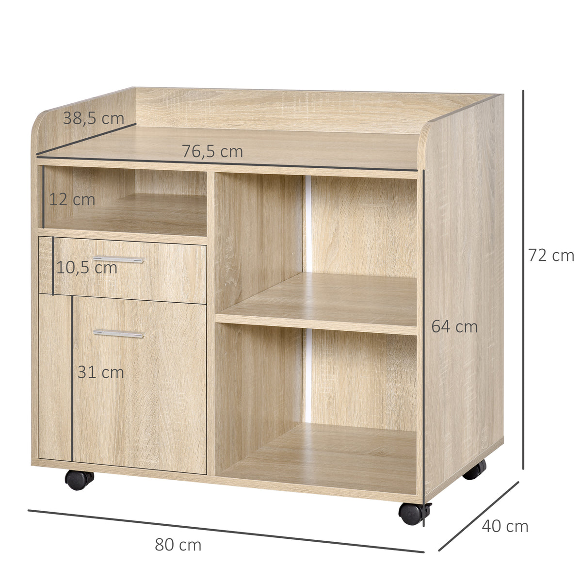 Support d'imprimante - Caisson d'organisation de Bureau Roulant - Dim. 80l x 40P x 72H cm en Bois Chêne clair-2
