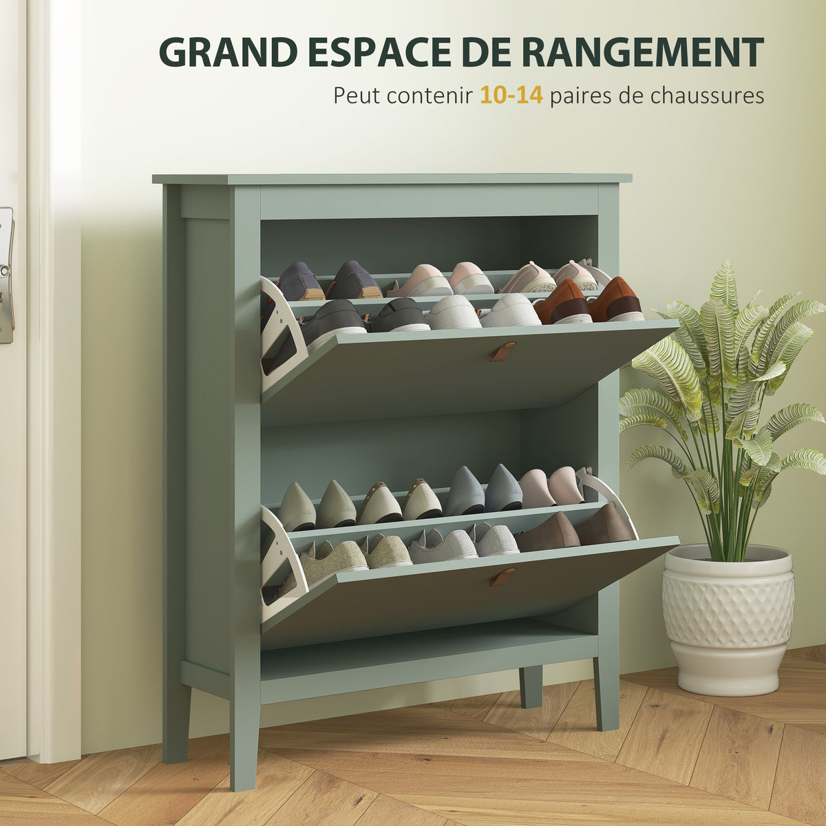 Meuble à chaussures 14 paires, armoire à chaussures avec 2 tiroirs rabattables, étagères amovibles et réglables, vert-3