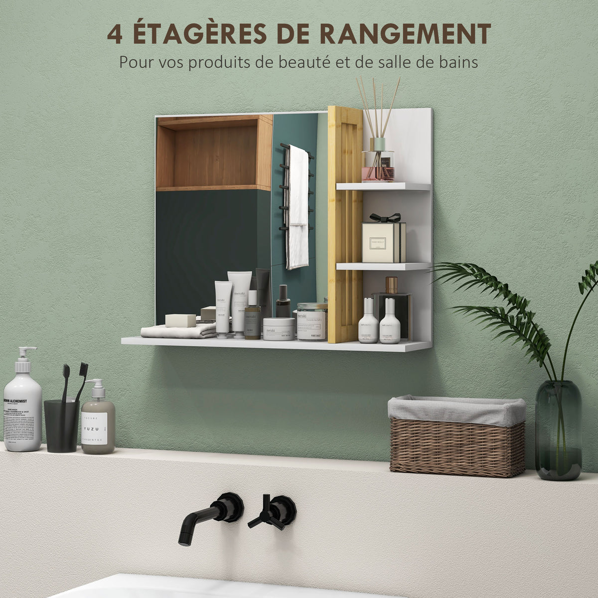 Miroir mural de salle de bain avec 3 étagères latérales 1 étagère inférieure en bambou 45 x 15 x 58,5 cm blanc-3