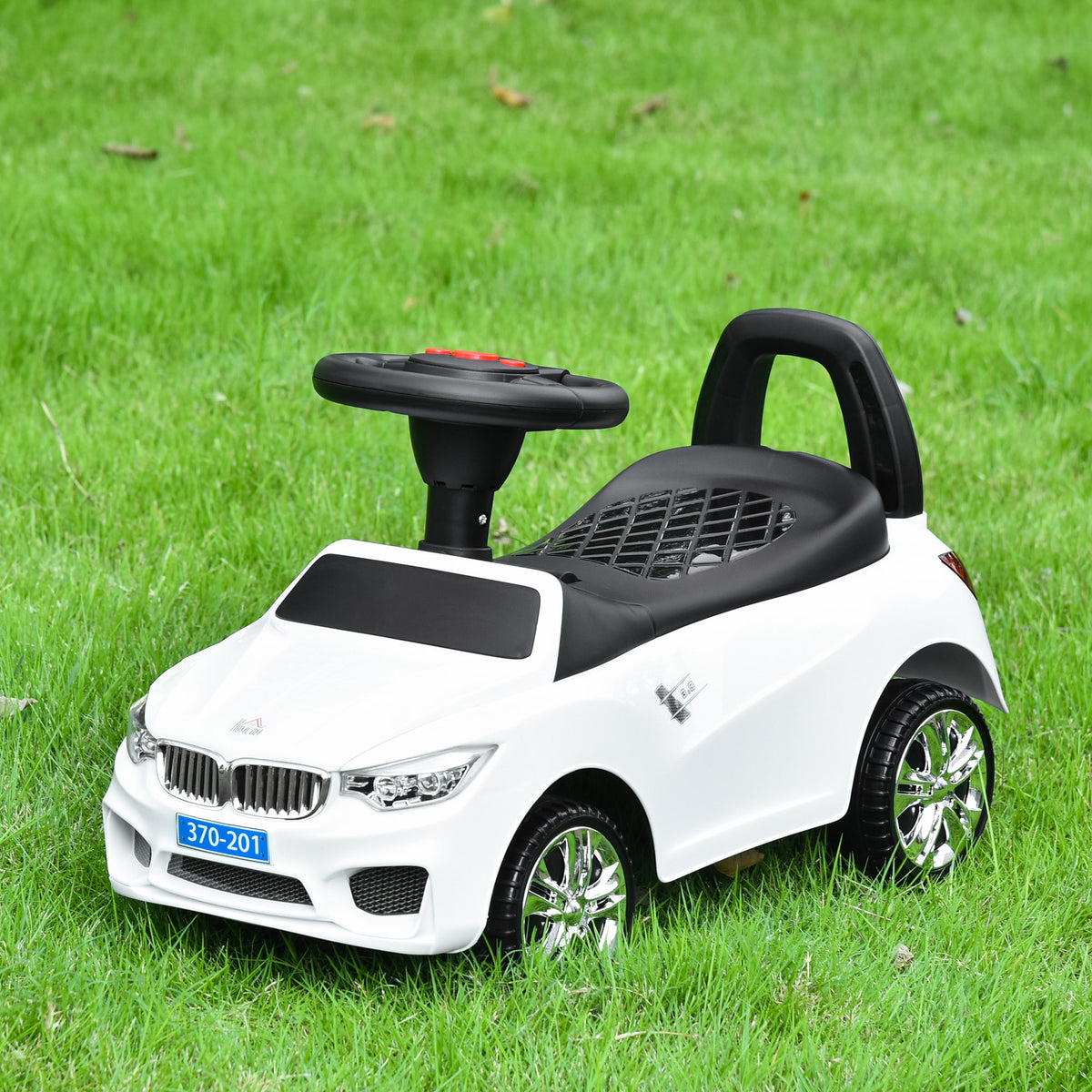 Porteur enfants voiture, véhicule à pousser avec coffre à jouets, klaxon, phares et musique, 63,5 x 28 x 36 cm, blanc-9