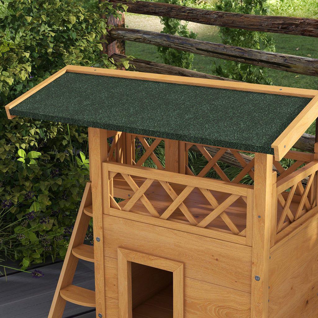 Cabane Chat Extérieur avec Terrasse, Escalier, Toit, Niche Villa, 77 x 50 x 73 cm Bois Naturel et Vert-6
